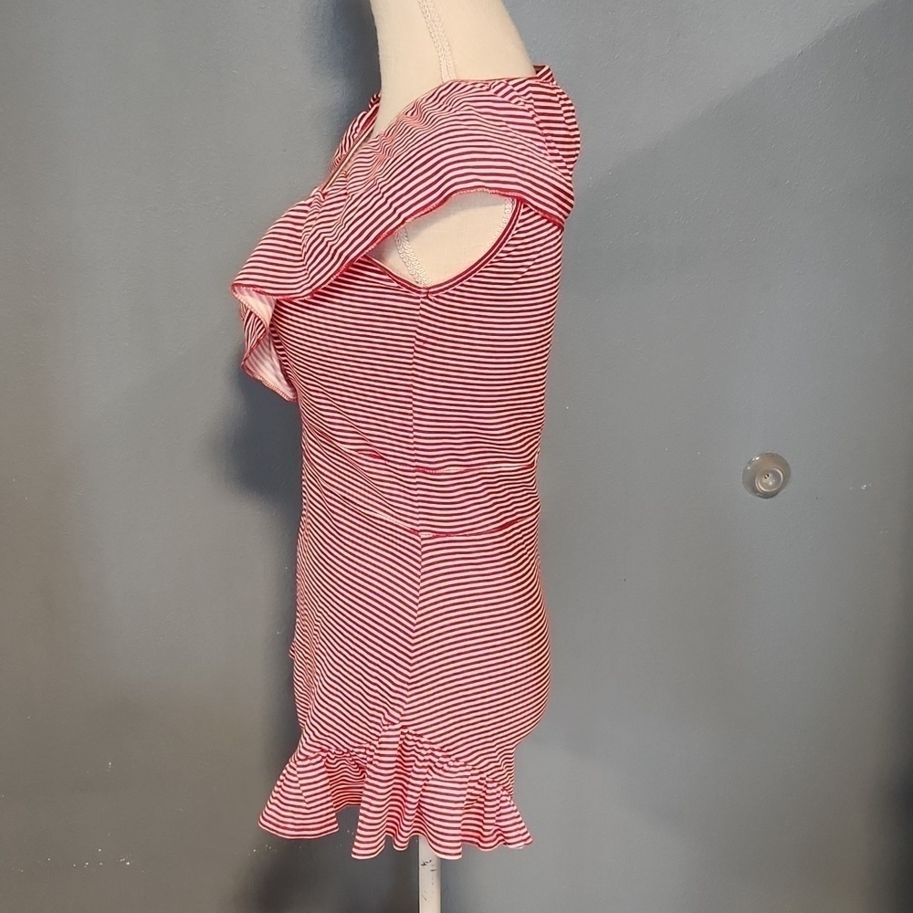 NWT Pretty Little Thing Red striped frill ruffled playsuit romper size 4 - Picture 3 of 7